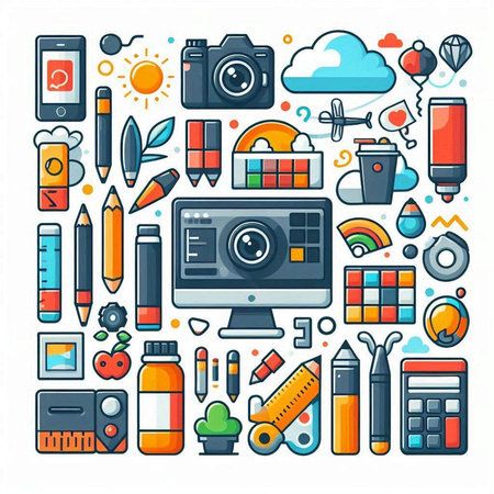 Vector illustration of a set of school and office supplies and gadgets.のイラスト素材