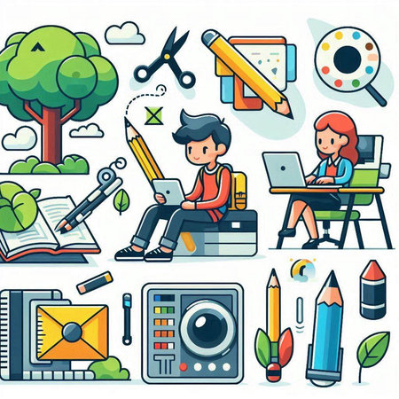 Illustration of a set of school and office related items. Cartoon style.のイラスト素材