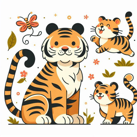Cute tiger and tiger cubs. Vector illustration in cartoon style.のイラスト素材