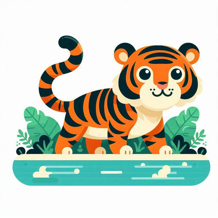 Cute tiger in the jungle. Vector illustration in flat style.のイラスト素材