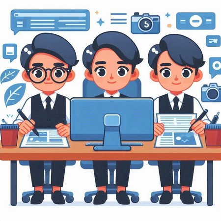 Business people working at office desk. Vector illustration in cartoon style.のイラスト素材