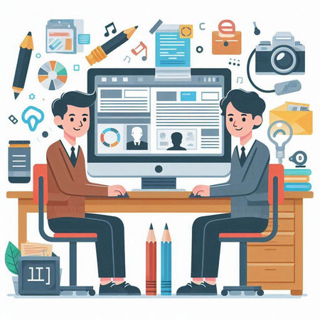 Business people working together in office. Teamwork concept. Vector illustration.のイラスト素材