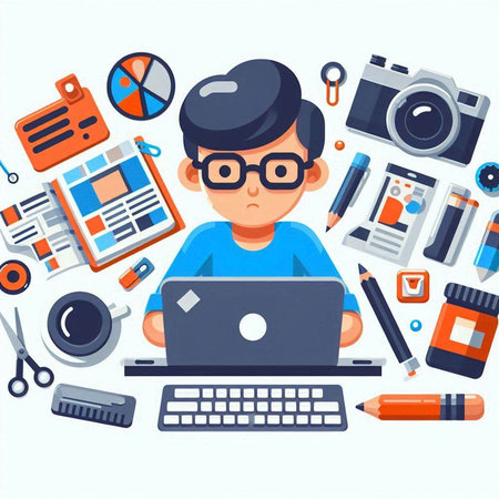 Illustration of a young man working on a laptop computer. Vector illustration in a flat style.のイラスト素材