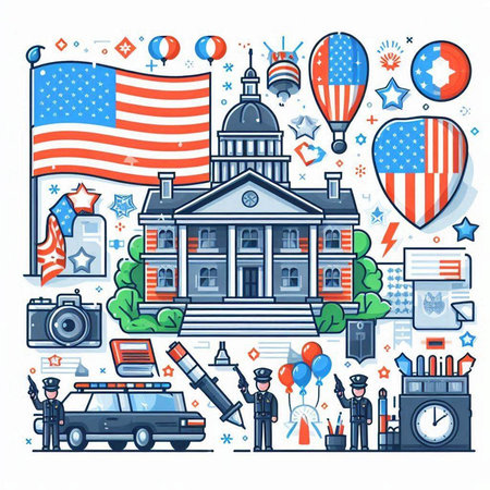 United States of America. Vector illustration in thin line style. Set of american symbols.のイラスト素材