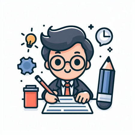 Character illustration design. Businessman writing, cartoon style, vector.のイラスト素材