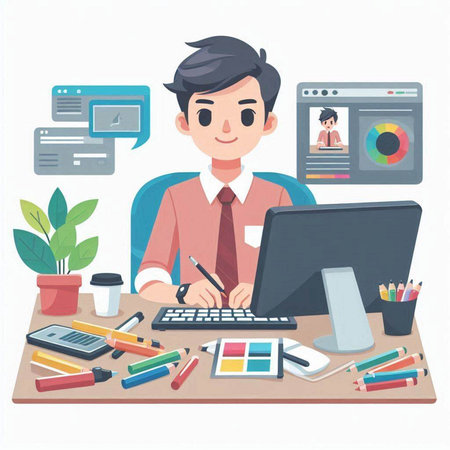 Designer or graphic designer working at office desk. Vector illustration in cartoon style.のイラスト素材