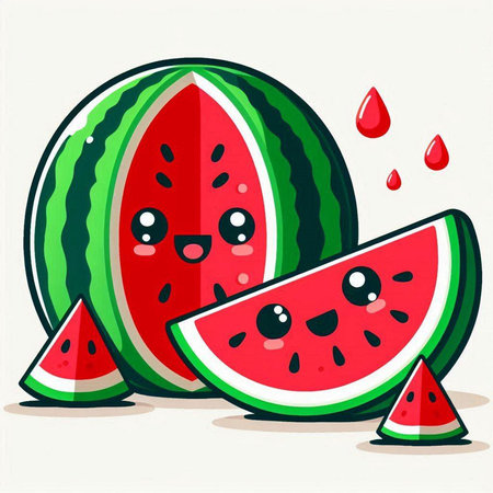Watermelon character. Vector illustration of a watermelon with water drops.のイラスト素材