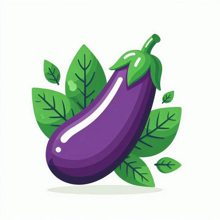 Eggplant with leaves. Vector illustration in flat cartoon style.のイラスト素材