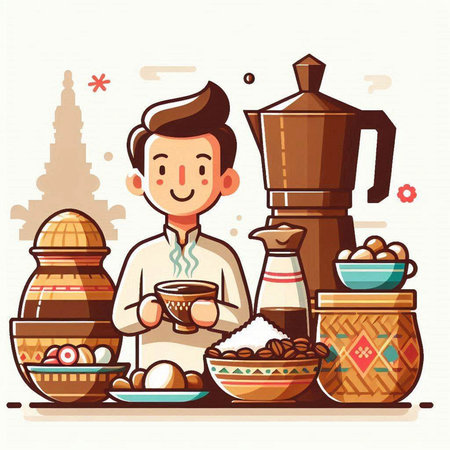 Man drinking coffee in traditional indian cuisine. Vector flat cartoon illustrationのイラスト素材
