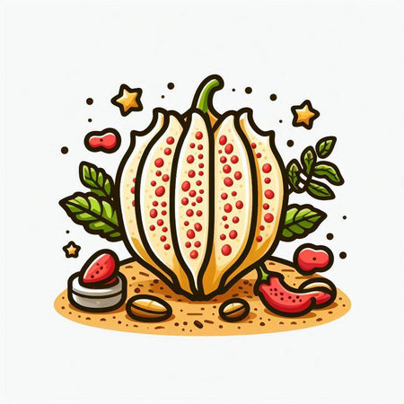 Vector illustration of a cartoon pumpkin with different fruits and berries on the ground.のイラスト素材