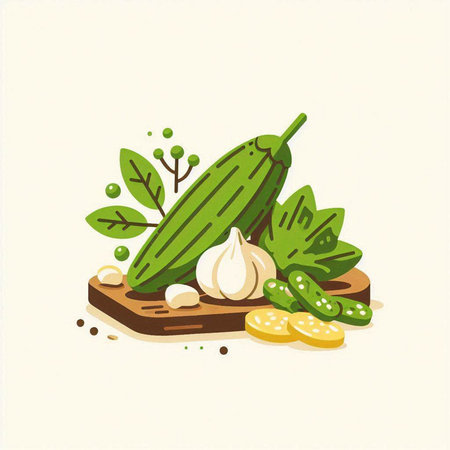 Illustration of cucumber, garlic and parsley. Vector illustration.のイラスト素材