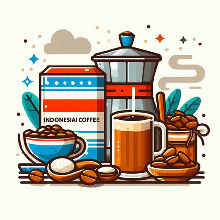 Coffee set. Vector illustration in flat style. Coffee beans, coffee maker, cup of coffee.のイラスト素材