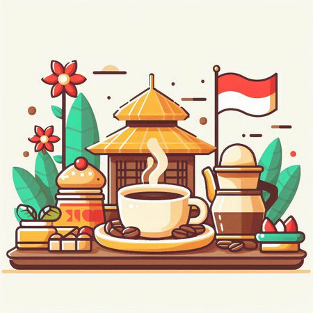 Coffee time vector illustration. Cappuccino, latte, cappuccino, coffee beans, teapot, sugar bowl, cup of hot drink in flat style.のイラスト素材