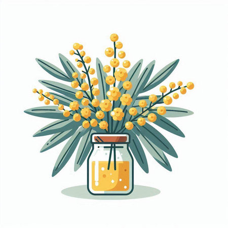 Bouquet of mimosa in a glass jar. Vector illustration.のイラスト素材