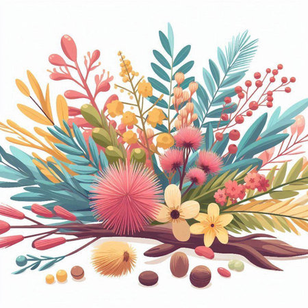 Floral background with flowers, leaves and nuts. Vector illustration.のイラスト素材