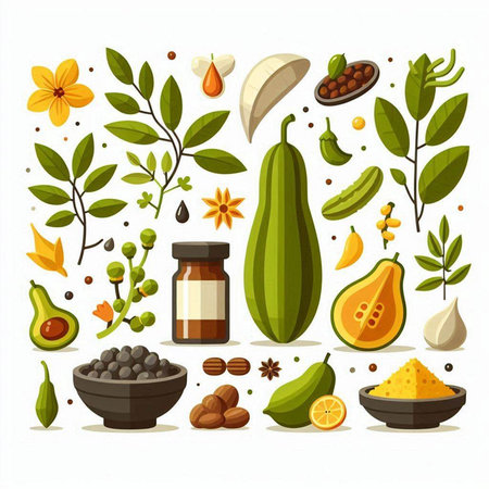 Spices and herbs. Vector illustration in flat cartoon style. Isolated on white background.のイラスト素材