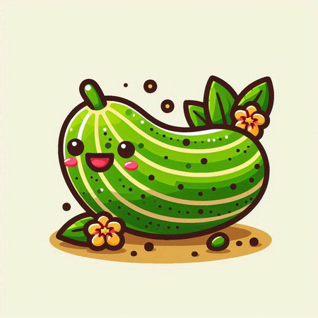 Cute cucumber character with flowers and leaves. Vector illustration.のイラスト素材