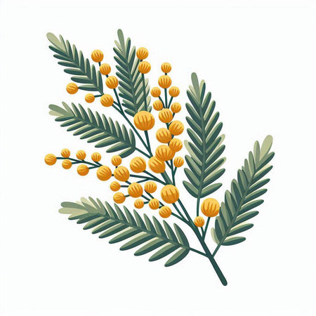Mimosa branch with yellow flowers on white background. Vector illustration.のイラスト素材