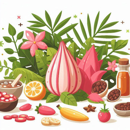 Spa and aromatherapy vector illustration. Natural organic cosmetics with fruits, berries and flowers.のイラスト素材