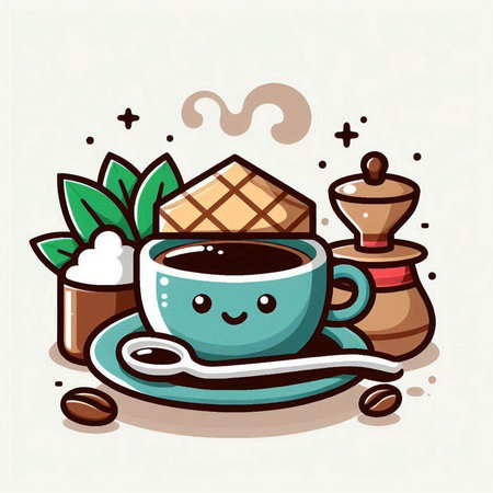 Coffee cup and coffee beans. Cute cartoon vector illustration.のイラスト素材