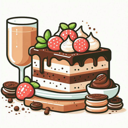 Chocolate cake with strawberries, coffee and macaroons. Vector illustration.のイラスト素材