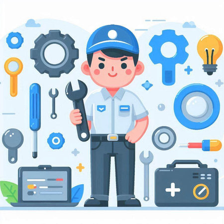 Mechanic in uniform with tools. Vector illustration in flat style.のイラスト素材