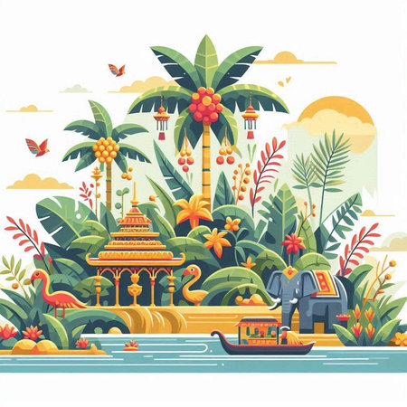 Tropical landscape with palm trees, boat, flowers and traditional balinese elements. Vector illustrationのイラスト素材