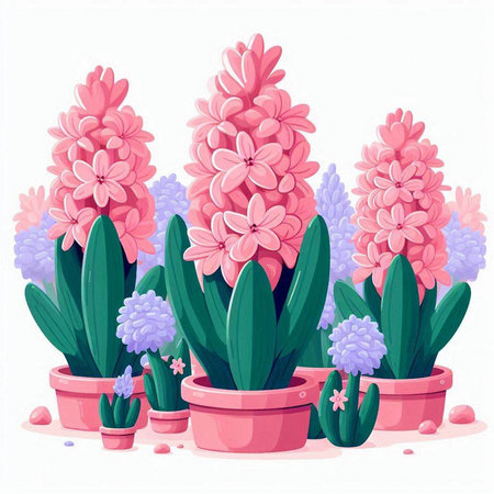 Pink hyacinths and blue hyacinths in pots. Vector illustration.のイラスト素材