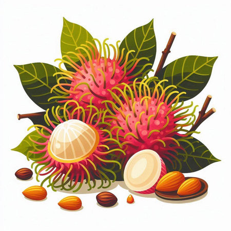 Rambutan fruit with leaves and nuts isolated on white background. Vector illustration.のイラスト素材