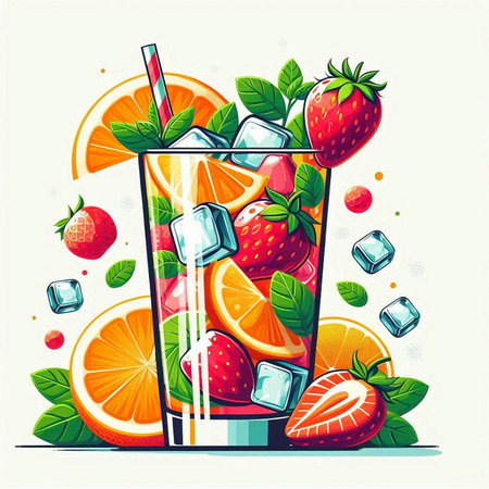 Cocktail with orange, strawberry, ice cubes and mint. Vector illustration.のイラスト素材
