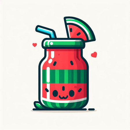 Watermelon smoothie in a glass jar with a straw. Vector illustration.のイラスト素材