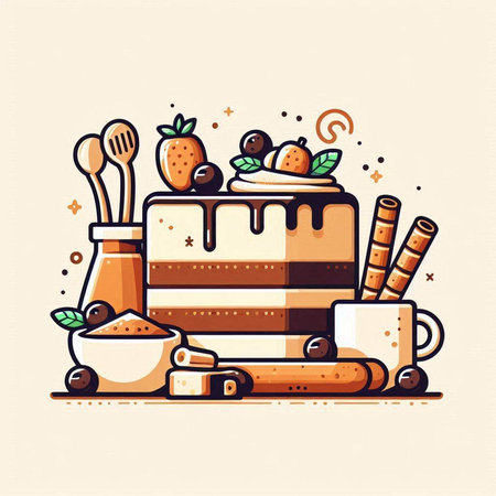 Cake and cup of coffee. Vector illustration in flat style.のイラスト素材