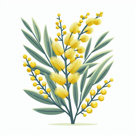 Mimosa branch with yellow flowers isolated on white background. Vector illustrationのイラスト素材
