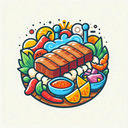 Vector illustration of grilled meat with vegetables and spices on white background.のイラスト素材