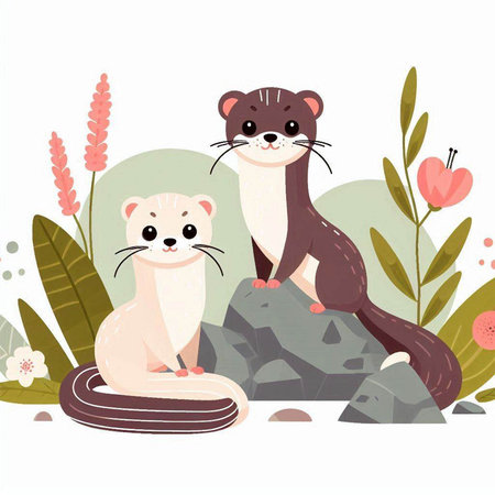 Cute ferret family. Vector illustration in flat cartoon style.のイラスト素材