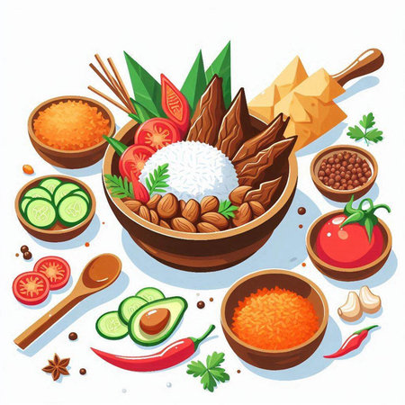 Thai traditional food in wooden bowl with vegetables and spices. Vector illustrationのイラスト素材