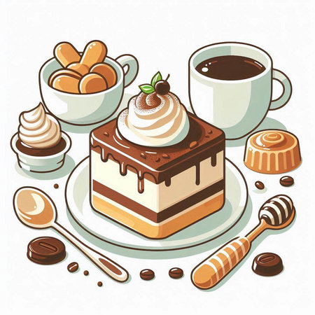 Coffee and cakes. Vector illustration of a sweet dessert.のイラスト素材