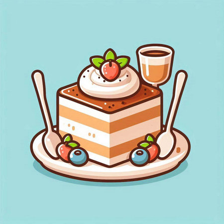 Vector illustration of a piece of cake with whipped cream and berries.のイラスト素材
