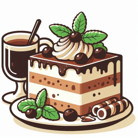 Illustration of a chocolate cake with whipped cream and a cup of coffeeのイラスト素材