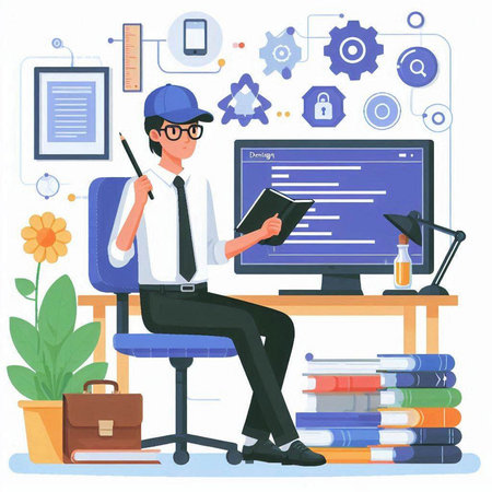 Man working on computer at home office. Vector illustration in flat styleのイラスト素材
