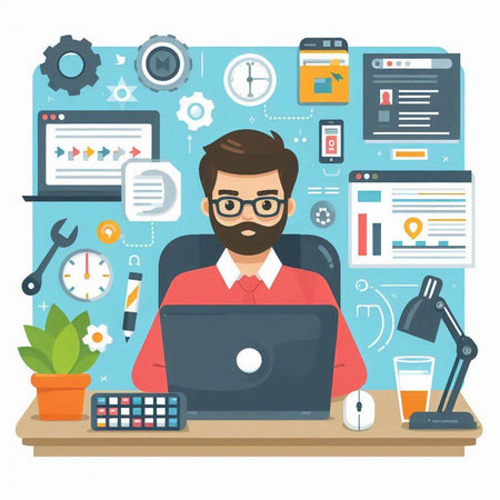 Flat design modern vector illustration concept of software development, programming, coding, programming, web design.のイラスト素材