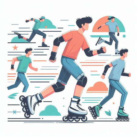 People rollerblading in the park. Vector illustration in flat styleのイラスト素材