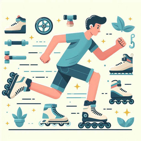 Roller skating. Vector illustration in flat style. Sportsman with roller skates.のイラスト素材