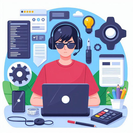 Young man in headphones working on laptop. Vector illustration in flat styleのイラスト素材