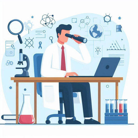 Scientist looking through binoculars in his office. Flat vector illustration.のイラスト素材