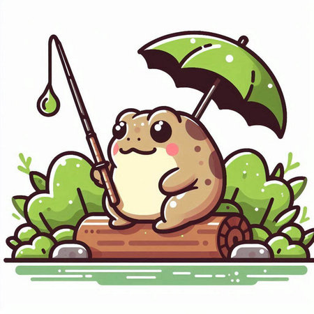 Funny frog with an umbrella on a log. Vector illustration.のイラスト素材