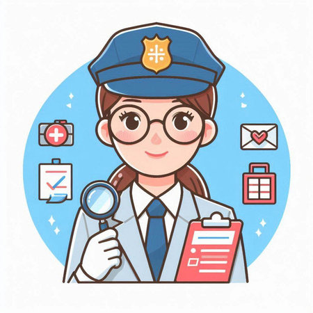 Illustration of a female police officer holding a magnifying glass and checklistのイラスト素材