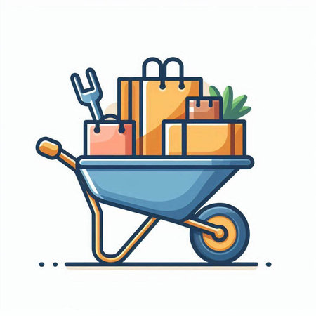 Wheelbarrow with boxes and shopping bags, flat vector illustration.のイラスト素材