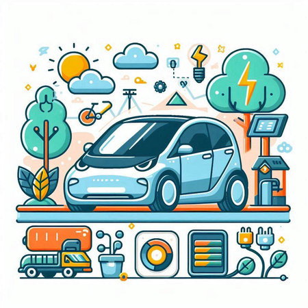 Electric car, electric vehicle charging station, eco friendly transport concept, vector illustrationのイラスト素材