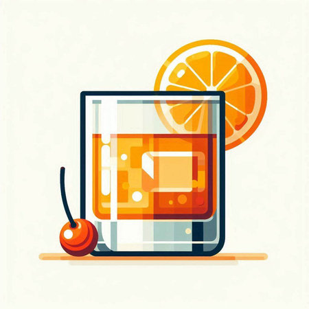 Cocktail with orange, cherry and ice cubes. Vector illustrationのイラスト素材